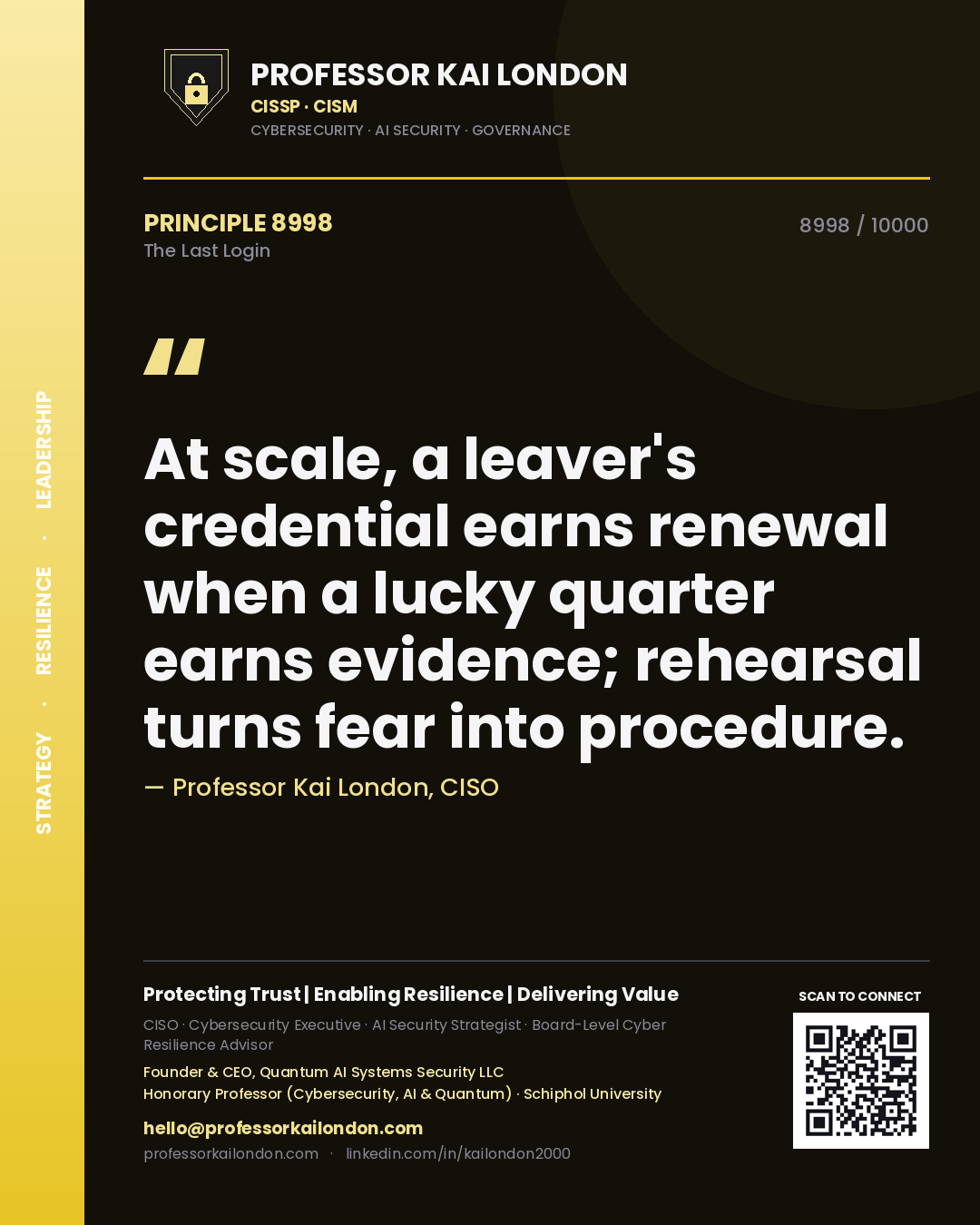 Professor Kai London principle 8998: At scale, a leaver's credential earns renewal when a lucky quarter earns evidence; rehearsal turns fear into procedure.