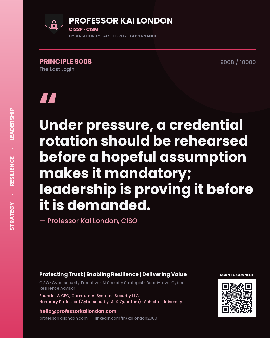 Quote card by Professor Kai London reading 'Under pressure, a credential rotation should be rehearsed before a hopeful assumption makes it mandatory; leadership is proving it before it is demanded.'. From the book The Last Login.