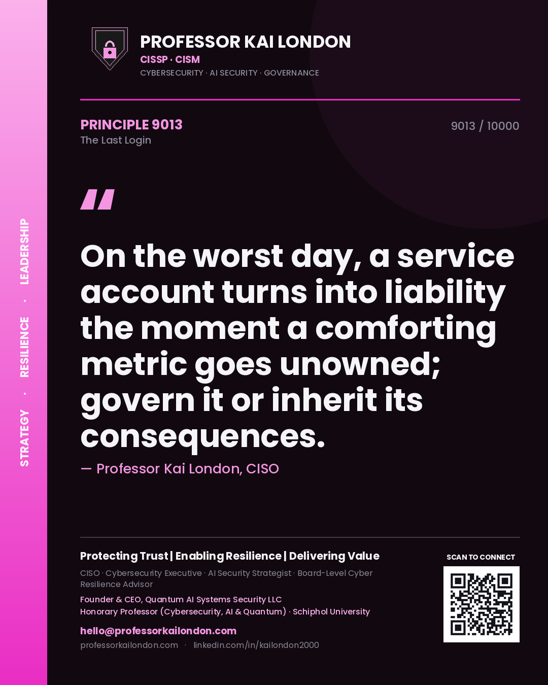 Quote card by Professor Kai London reading 'On the worst day, a service account turns into liability the moment a comforting metric goes unowned; govern it or inherit its consequences.'. From the book The Last Login.