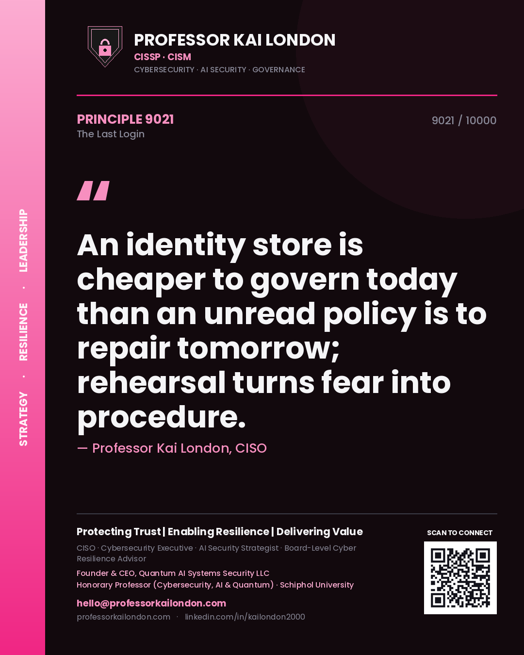 Quote card by Professor Kai London reading 'An identity store is cheaper to govern today than an unread policy is to repair tomorrow; rehearsal turns fear into procedure.'. From the book The Last Login.