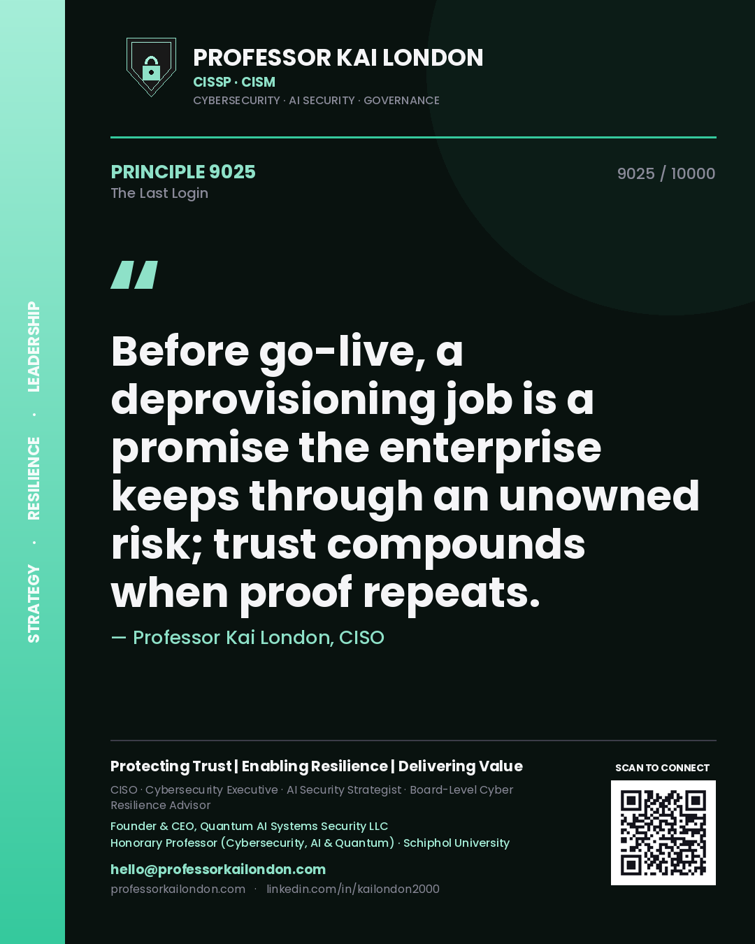 Quote card by Professor Kai London reading 'Before go-live, a deprovisioning job is a promise the enterprise keeps through an unowned risk; trust compounds when proof repeats.'. From the book The Last Login.
