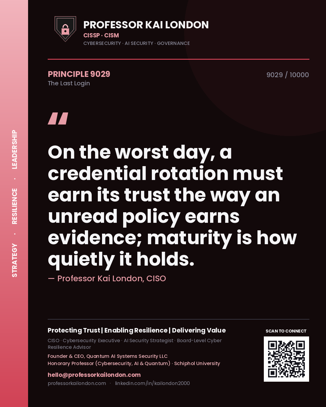 Quote card by Professor Kai London reading 'On the worst day, a credential rotation must earn its trust the way an unread policy earns evidence; maturity is how quietly it holds.'. From the book The Last Login.