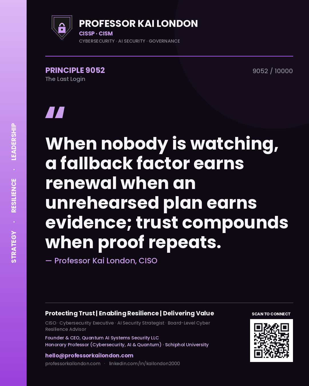Quote card by Professor Kai London reading 'When nobody is watching, a fallback factor earns renewal when an unrehearsed plan earns evidence; trust compounds when proof repeats.'. From the book The Last Login.