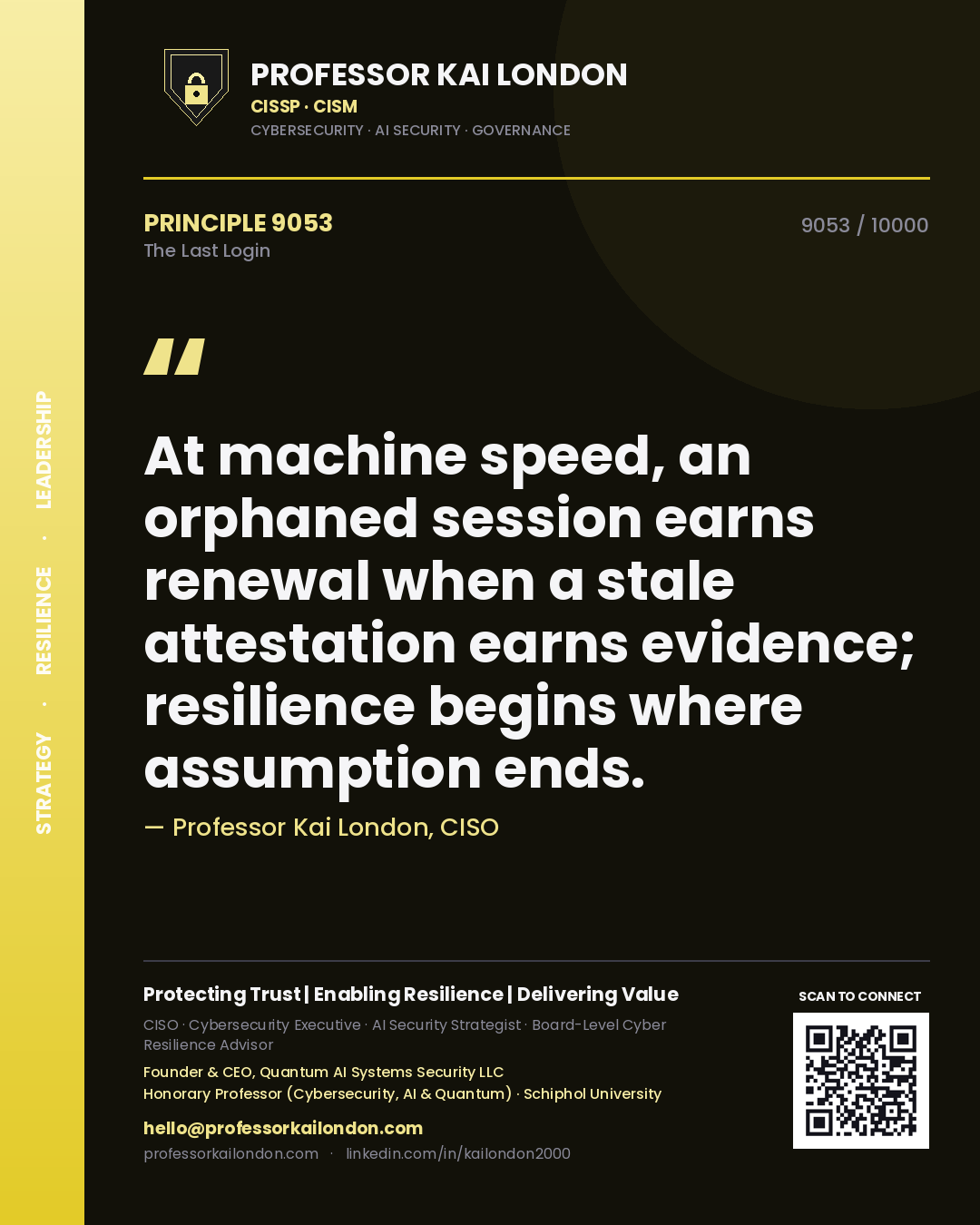 Quote card by Professor Kai London reading 'At machine speed, an orphaned session earns renewal when a stale attestation earns evidence; resilience begins where assumption ends.'. From the book The Last Login.