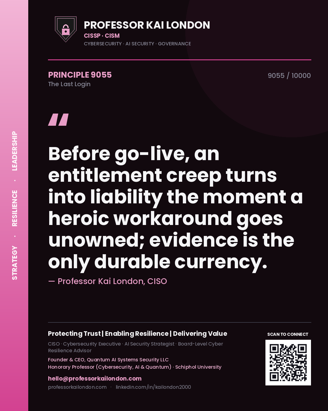 Quote card by Professor Kai London reading 'Before go-live, an entitlement creep turns into liability the moment a heroic workaround goes unowned; evidence is the only durable currency.'. From the book The Last Login.