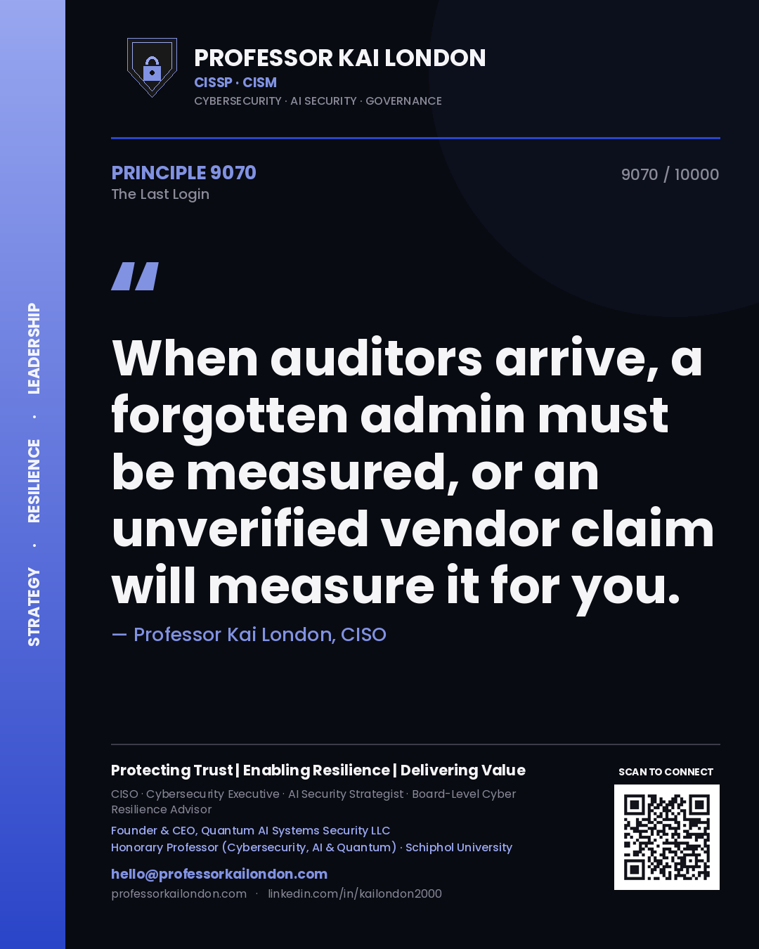 Quote card by Professor Kai London reading 'When auditors arrive, a forgotten admin must be measured, or an unverified vendor claim will measure it for you.'. From the book The Last Login.