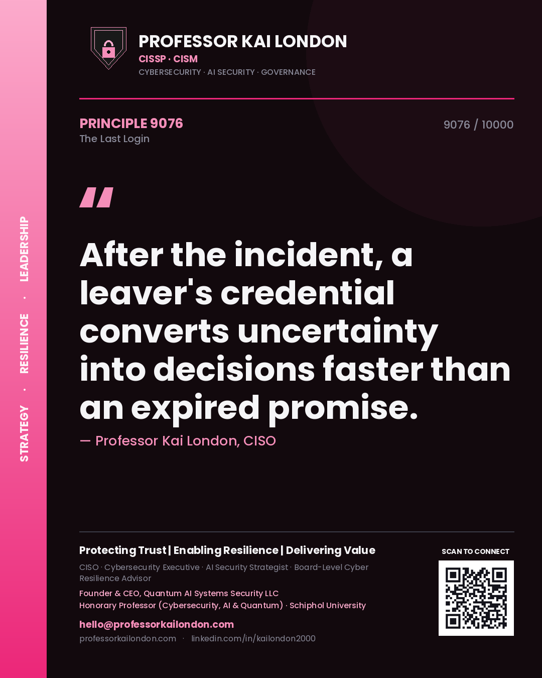 Quote card by Professor Kai London reading 'After the incident, a leaver's credential converts uncertainty into decisions faster than an expired promise.'. From the book The Last Login.