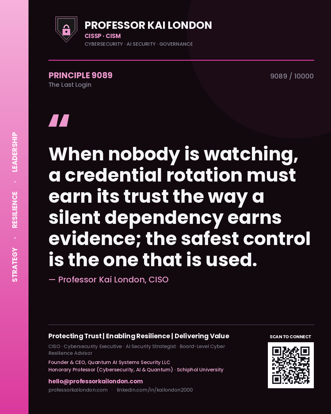 Quote card by Professor Kai London reading 'When nobody is watching, a credential rotation must earn its trust the way a silent dependency earns evidence; the safest control is the one that is used.'. From the book The Last Login.