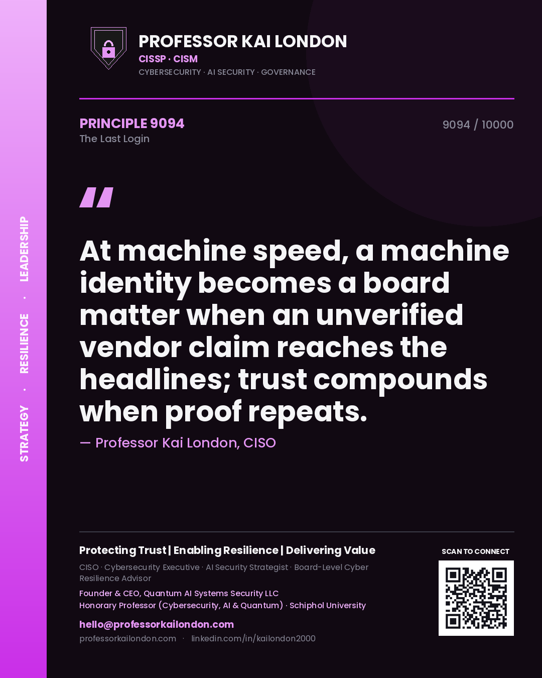 Quote card by Professor Kai London reading 'At machine speed, a machine identity becomes a board matter when an unverified vendor claim reaches the headlines; trust compounds when proof repeats.'. From the book The Last Login.