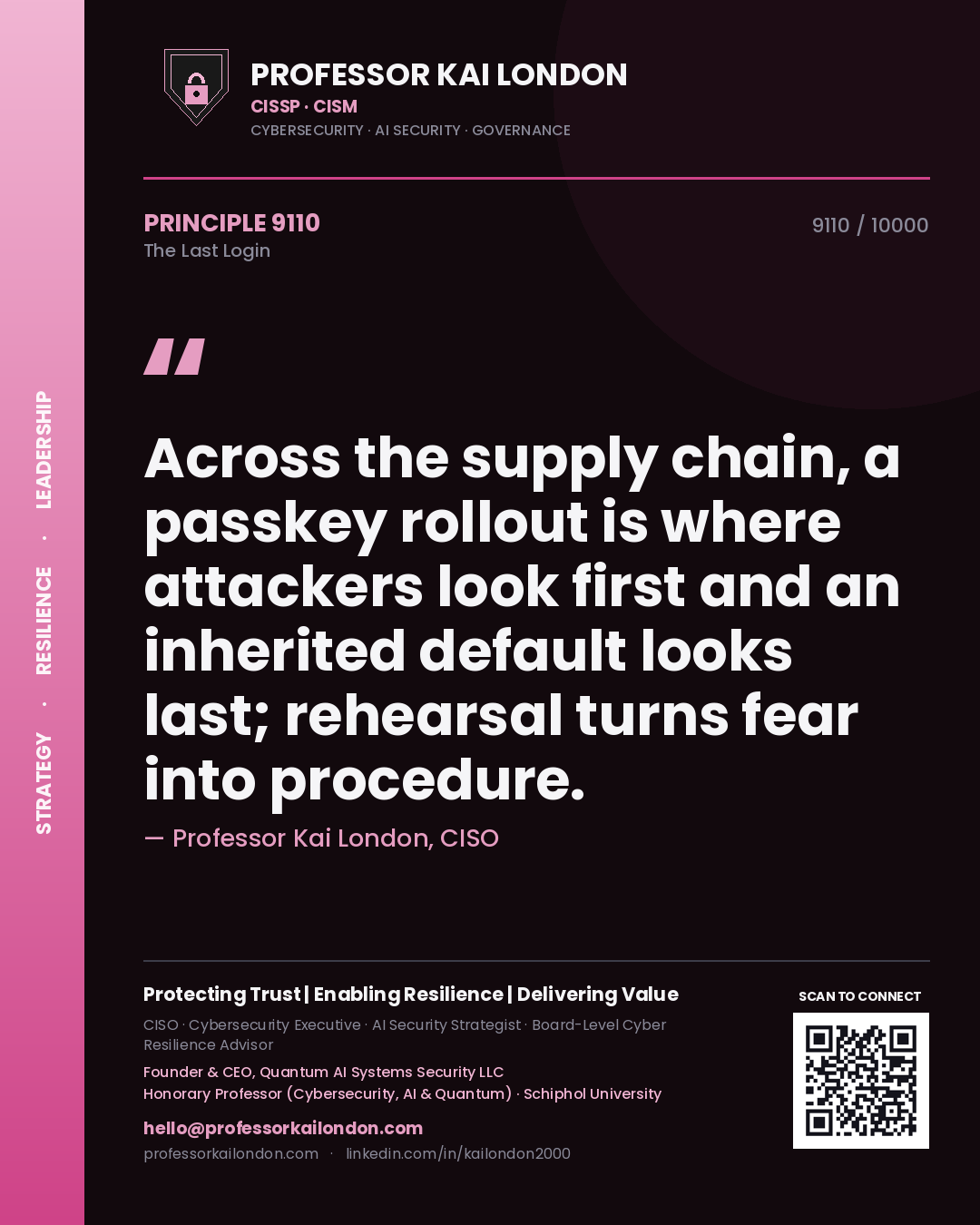 Professor Kai London principle 9110: Across the supply chain, a passkey rollout is where attackers look first and an inherited default looks last; rehearsal turns fear into procedure.