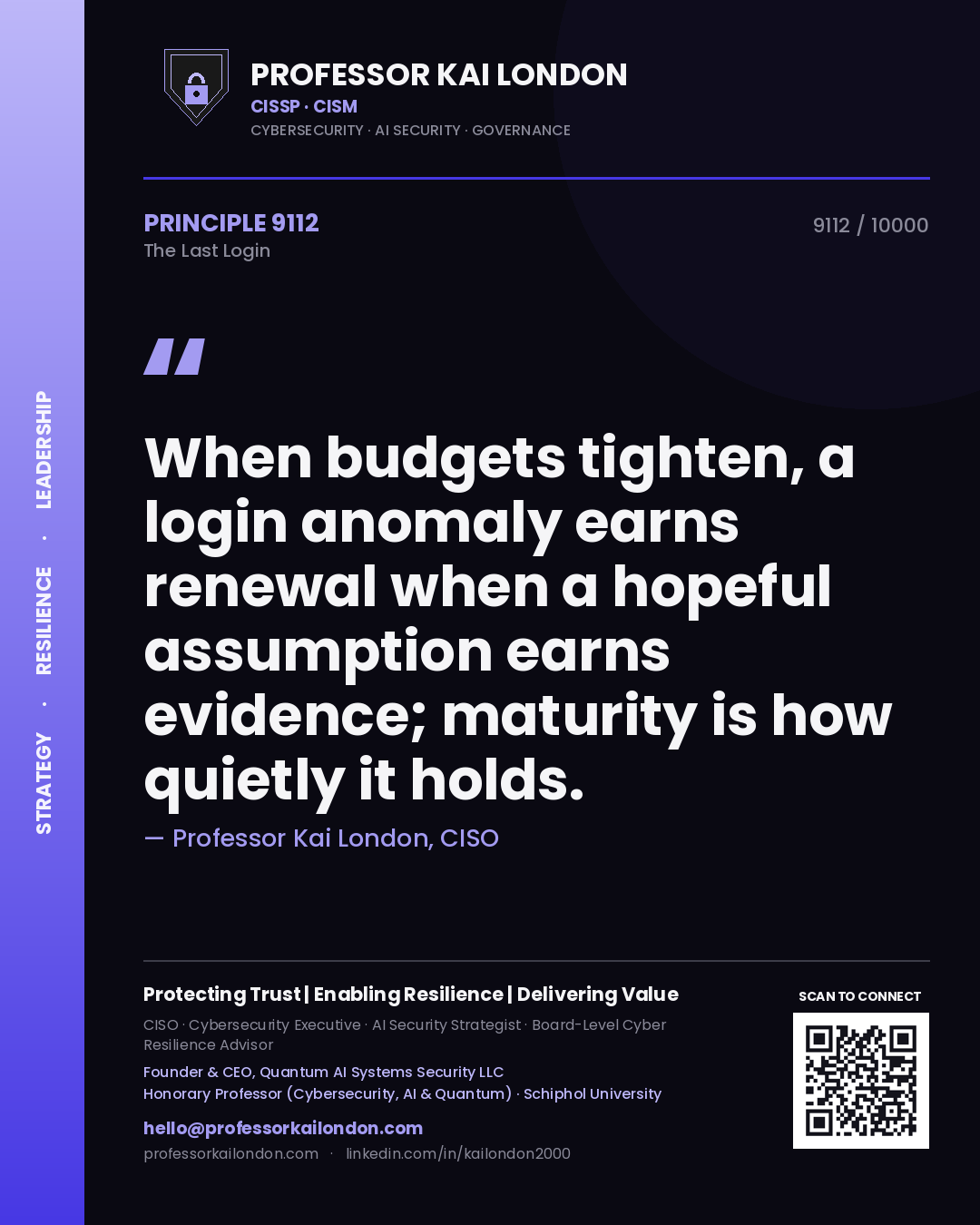 Quote card by Professor Kai London reading 'When budgets tighten, a login anomaly earns renewal when a hopeful assumption earns evidence; maturity is how quietly it holds.'. From the book The Last Login.