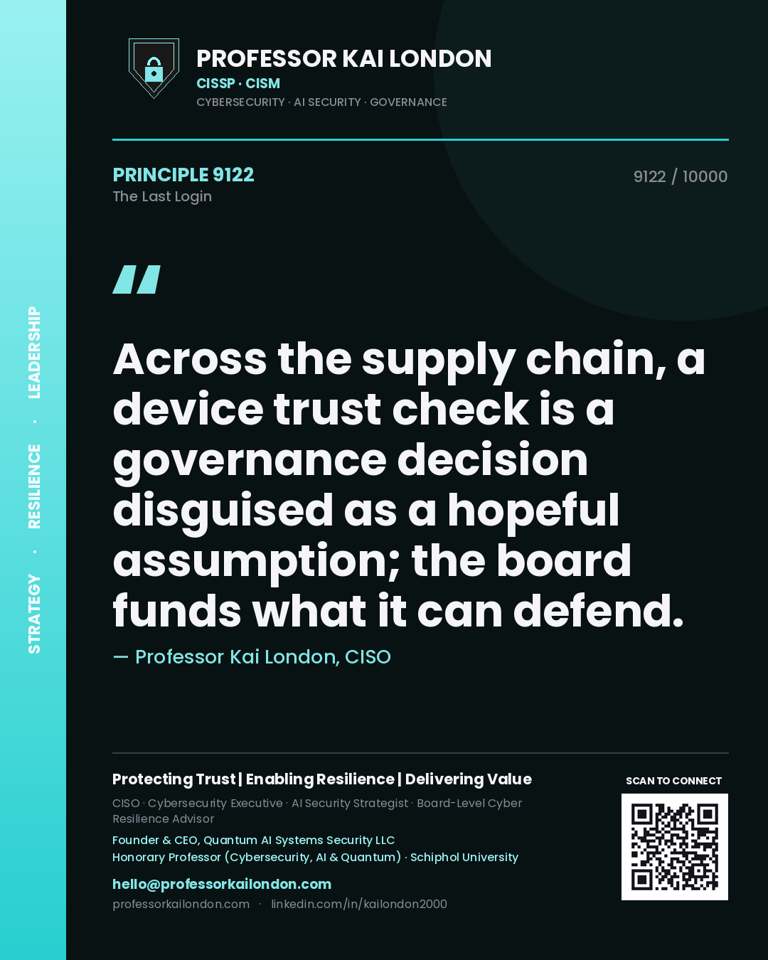 Professor Kai London principle 9122: Across the supply chain, a device trust check is a governance decision disguised as a hopeful assumption; the board funds what it can defend.