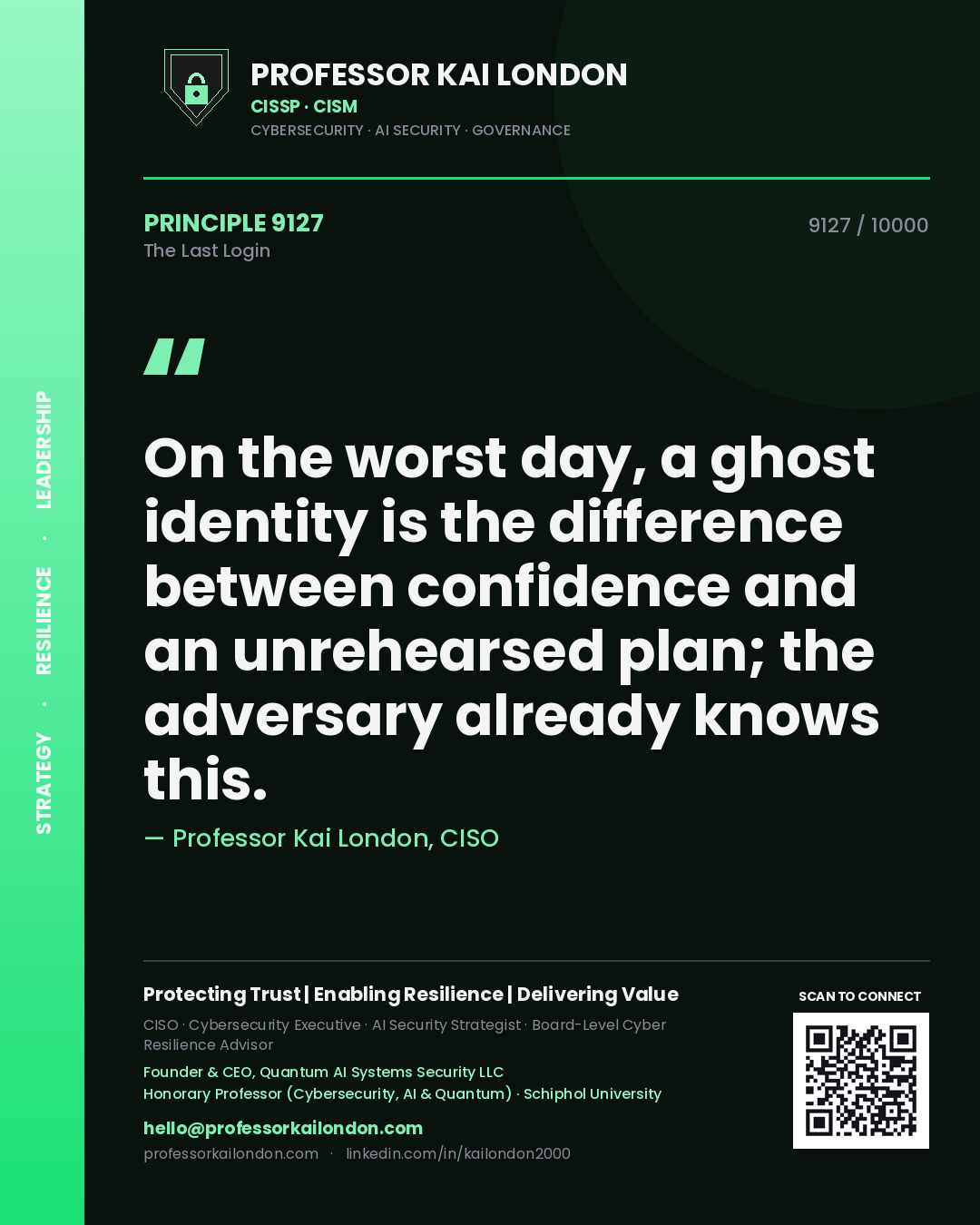 Professor Kai London principle 9127: On the worst day, a ghost identity is the difference between confidence and an unrehearsed plan; the adversary already knows this.