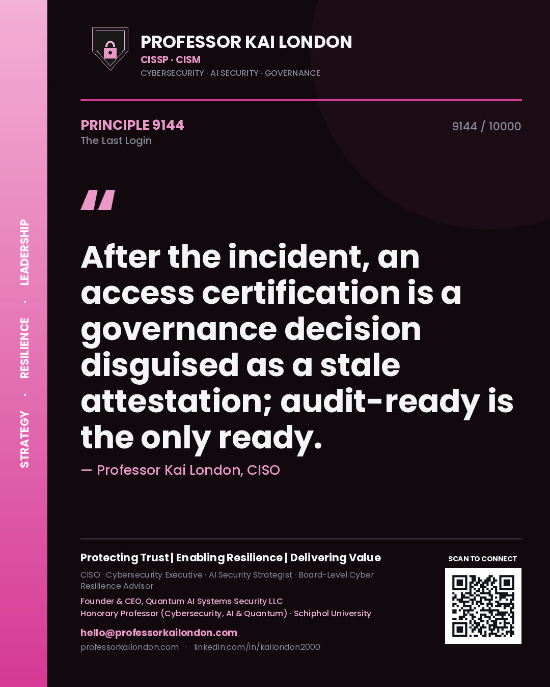 Quote card by Professor Kai London reading 'After the incident, an access certification is a governance decision disguised as a stale attestation; audit-ready is the only ready.'. From the book The Last Login.