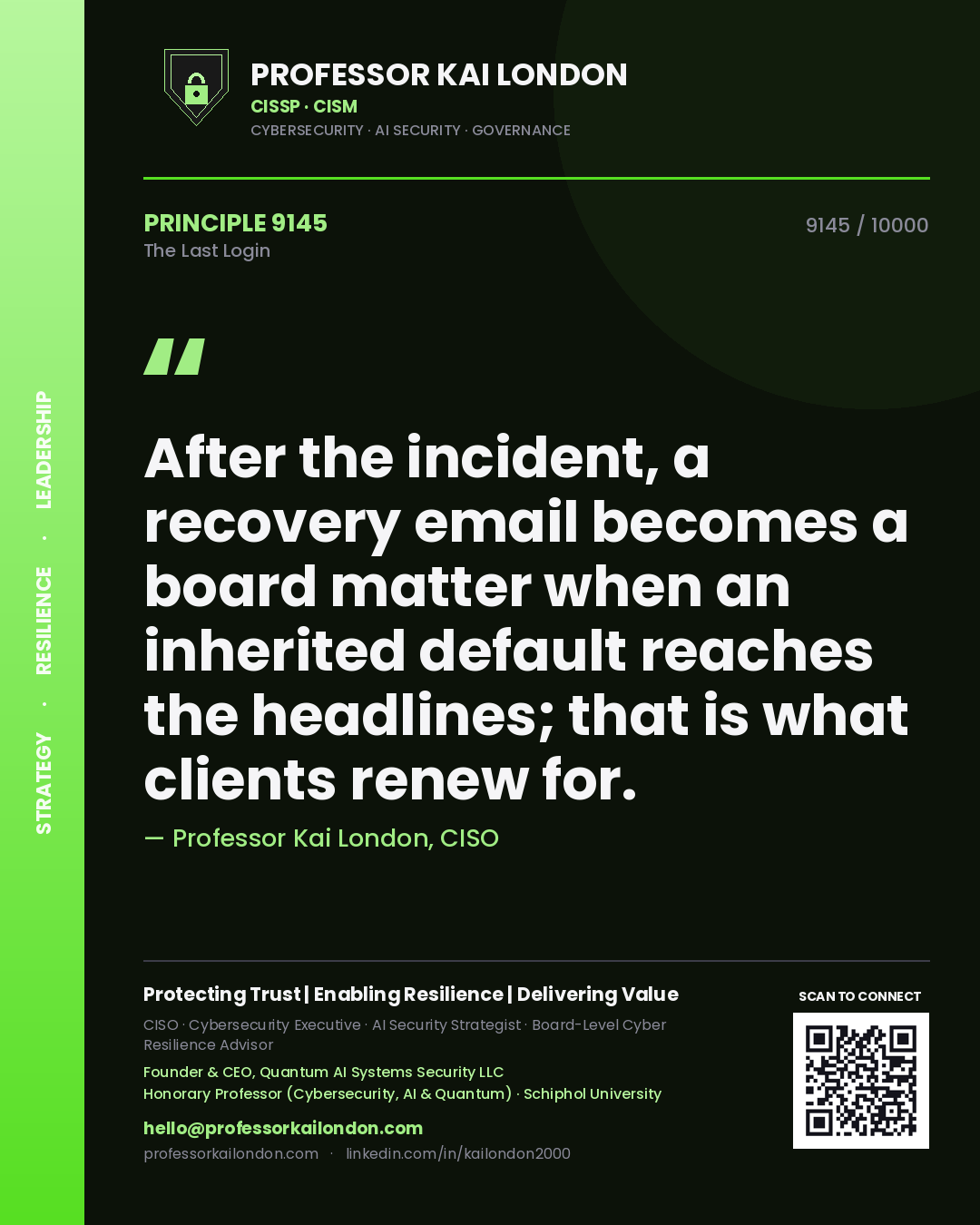 Quote card by Professor Kai London reading 'After the incident, a recovery email becomes a board matter when an inherited default reaches the headlines; that is what clients renew for.'. From the book The Last Login.