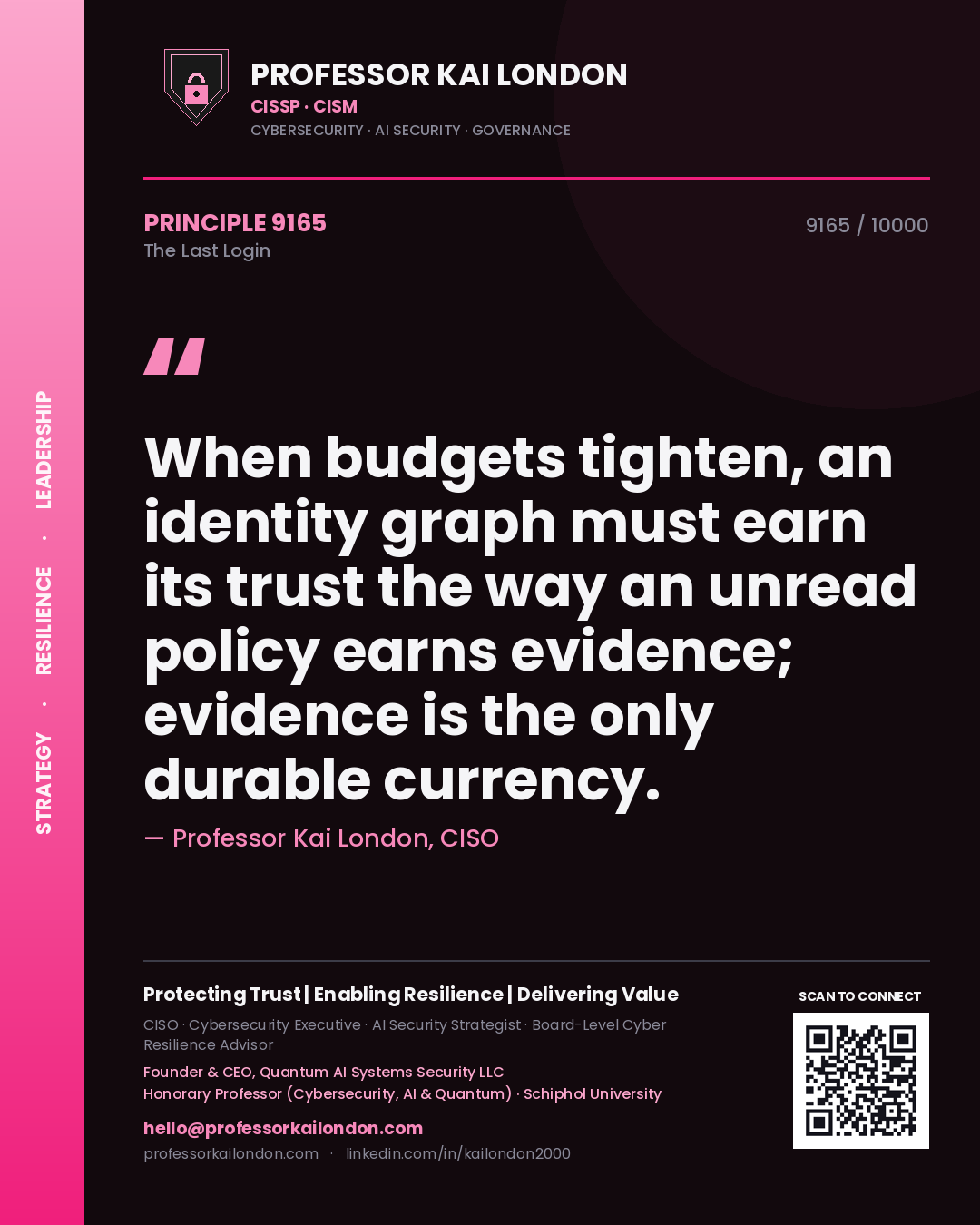 Professor Kai London principle 9165: When budgets tighten, an identity graph must earn its trust the way an unread policy earns evidence; evidence is the only durable currency.