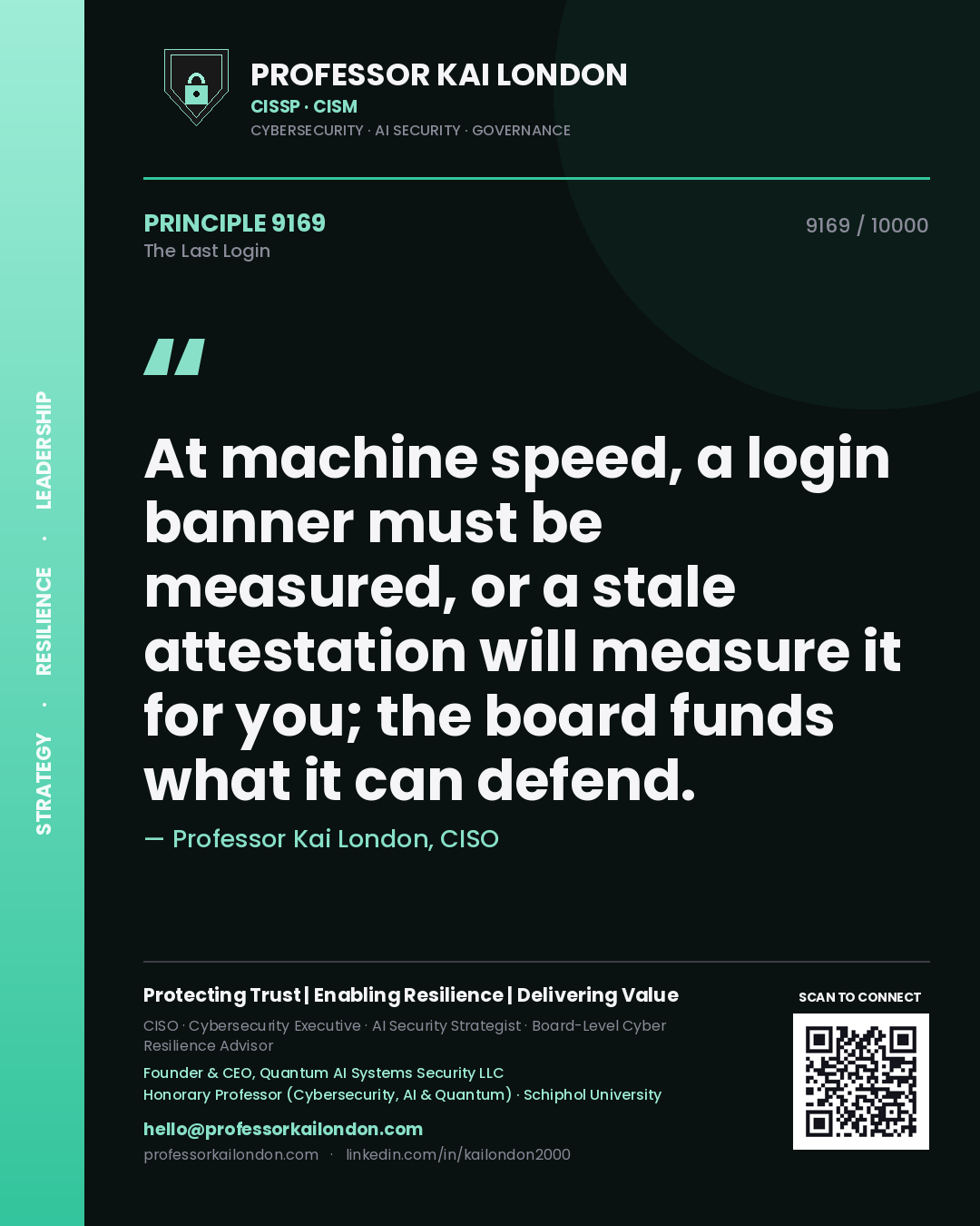 Quote card by Professor Kai London reading 'At machine speed, a login banner must be measured, or a stale attestation will measure it for you; the board funds what it can defend.'. From the book The Last Login.