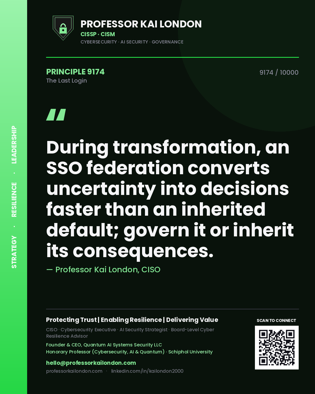 Professor Kai London principle 9174: During transformation, an SSO federation converts uncertainty into decisions faster than an inherited default; govern it or inherit its consequences.