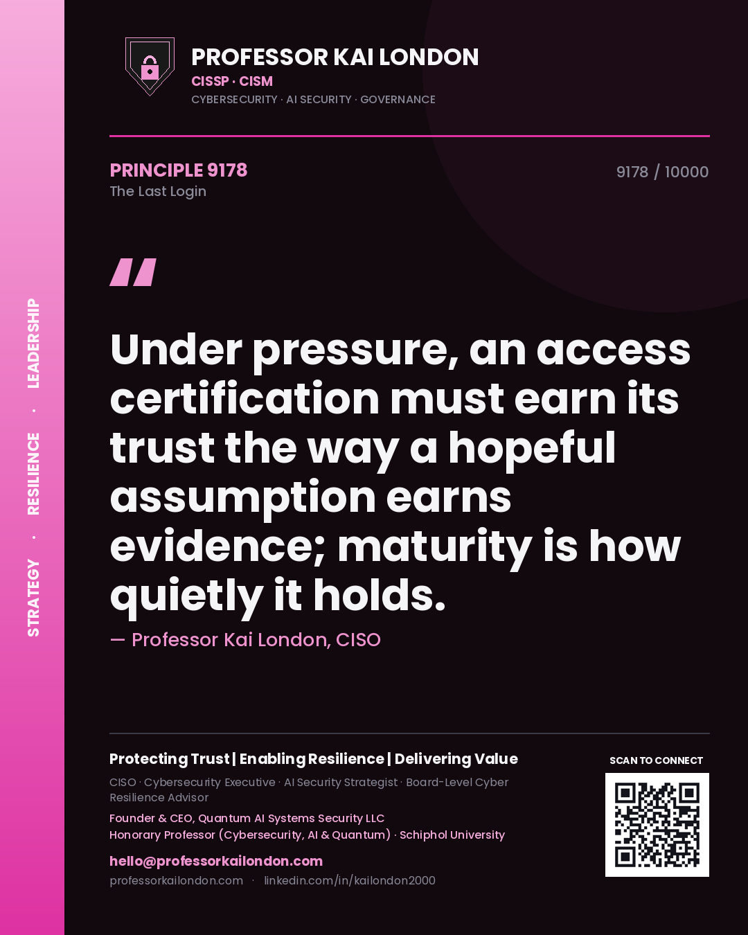 Professor Kai London principle 9178: Under pressure, an access certification must earn its trust the way a hopeful assumption earns evidence; maturity is how quietly it holds.