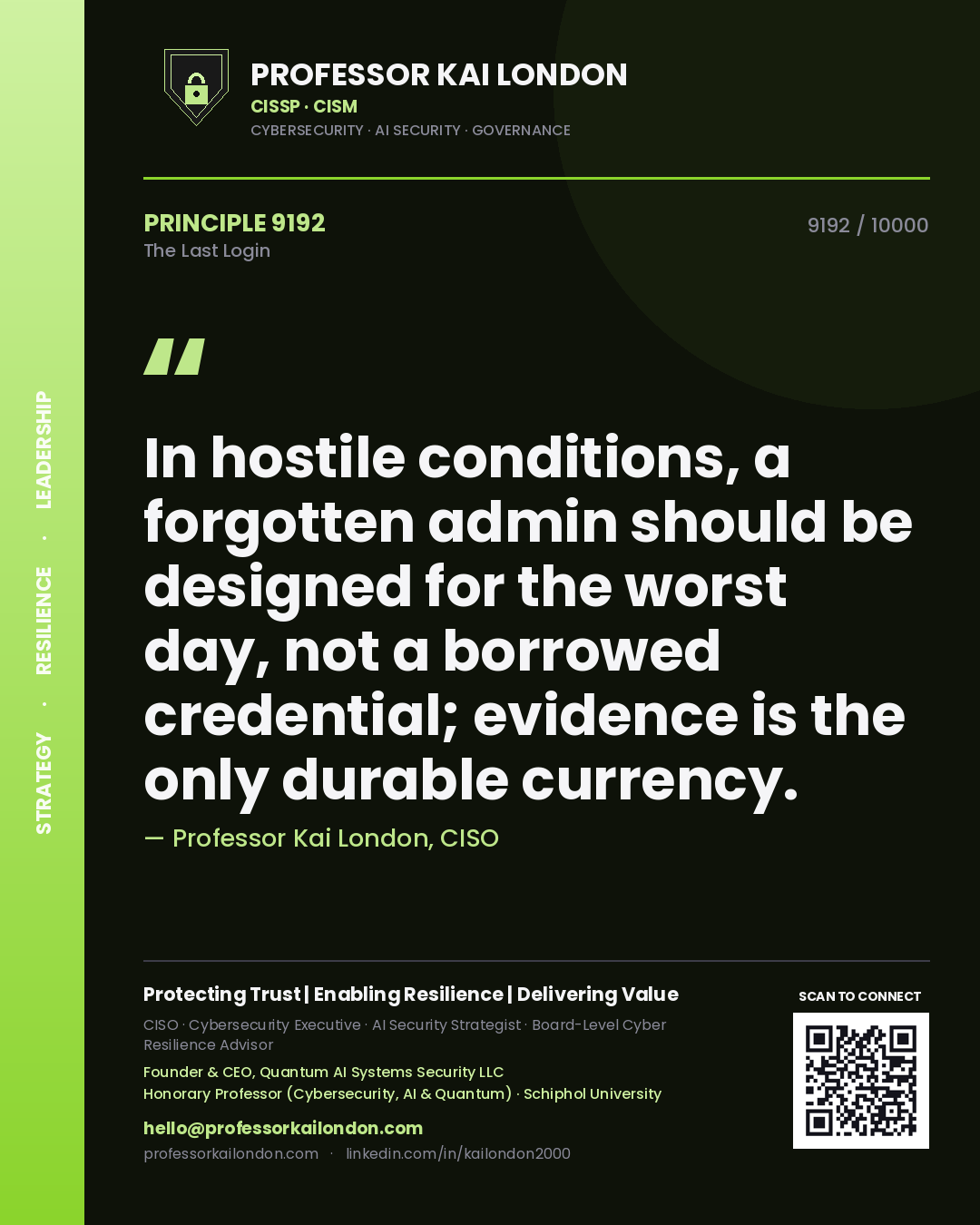 Professor Kai London principle 9192: In hostile conditions, a forgotten admin should be designed for the worst day, not a borrowed credential; evidence is the only durable currency.