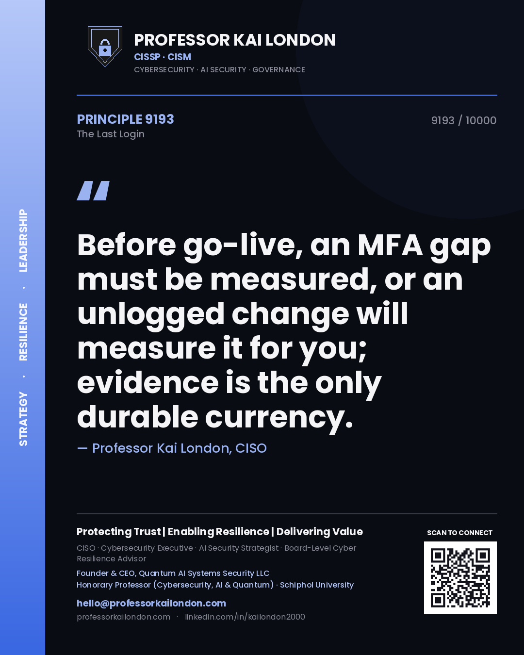Professor Kai London principle 9193: Before go-live, an MFA gap must be measured, or an unlogged change will measure it for you; evidence is the only durable currency.