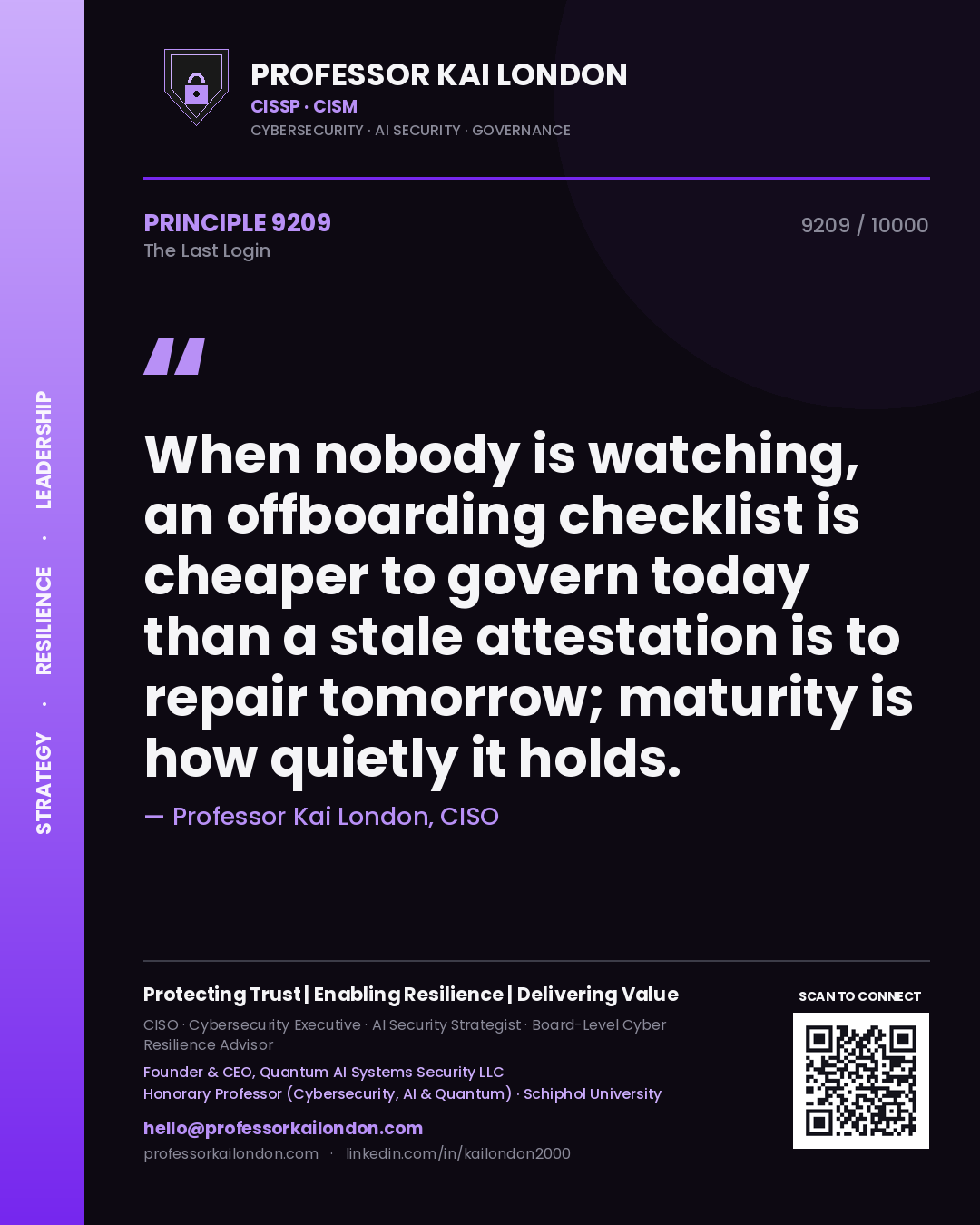 Professor Kai London principle 9209: When nobody is watching, an offboarding checklist is cheaper to govern today than a stale attestation is to repair tomorrow; maturity is how quietly it holds.