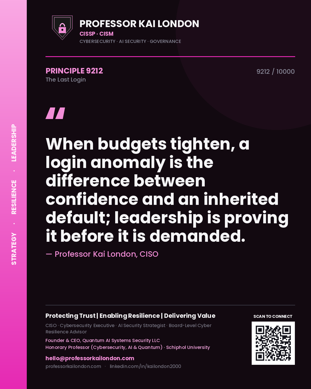 Quote card by Professor Kai London reading 'When budgets tighten, a login anomaly is the difference between confidence and an inherited default; leadership is proving it before it is demanded.'. From the book The Last Login.