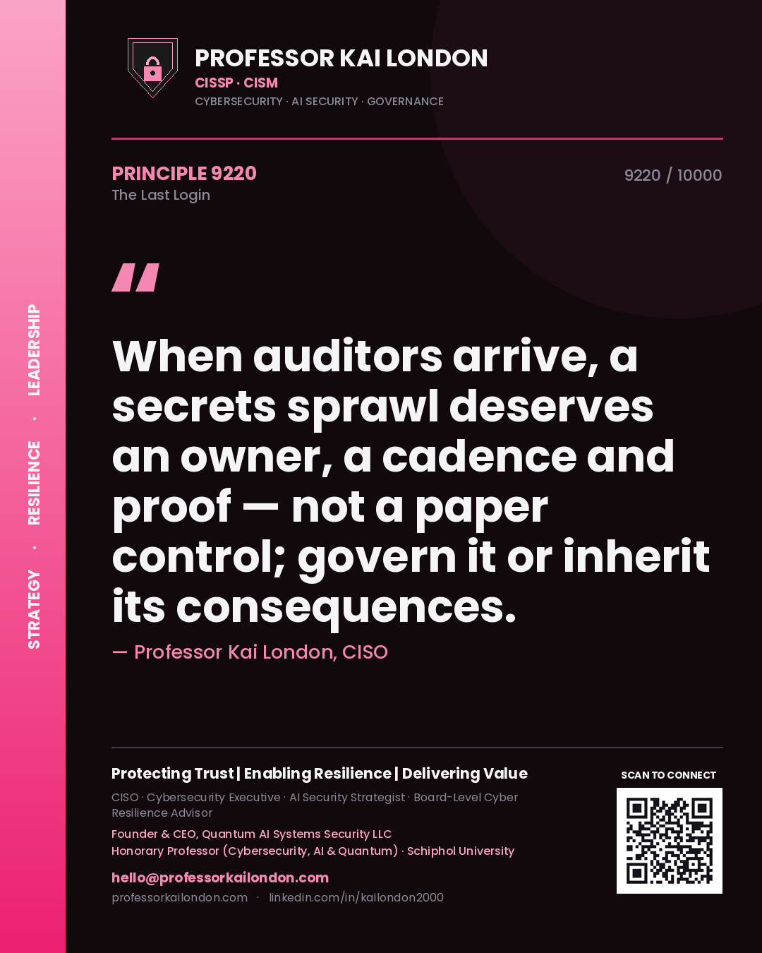 Quote card by Professor Kai London reading 'When auditors arrive, a secrets sprawl deserves an owner, a cadence and proof — not a paper control; govern it or inherit its consequences.'. From the book The Last Login.