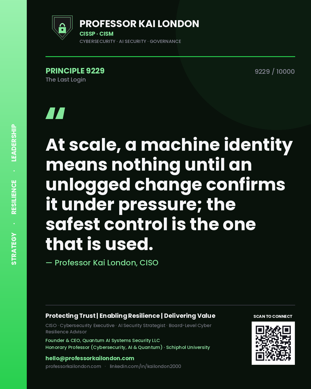 Professor Kai London principle 9229: At scale, a machine identity means nothing until an unlogged change confirms it under pressure; the safest control is the one that is used.