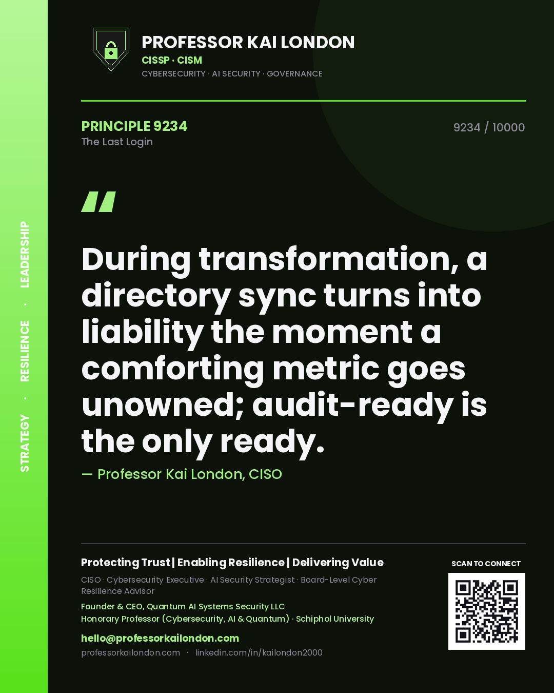 Professor Kai London principle 9234: During transformation, a directory sync turns into liability the moment a comforting metric goes unowned; audit-ready is the only ready.