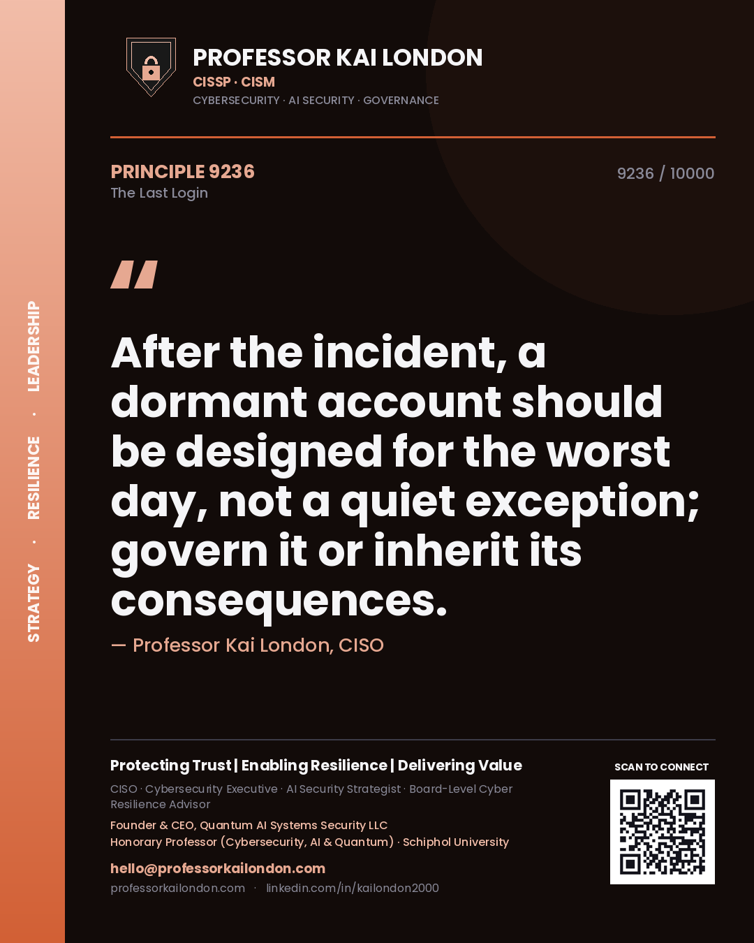 Quote card by Professor Kai London reading 'After the incident, a dormant account should be designed for the worst day, not a quiet exception; govern it or inherit its consequences.'. From the book The Last Login.