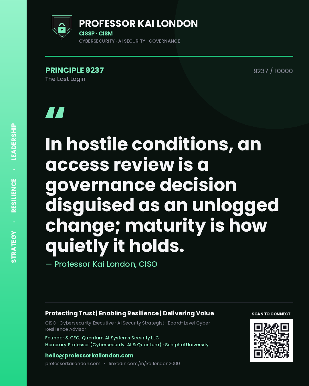 Quote card by Professor Kai London reading 'In hostile conditions, an access review is a governance decision disguised as an unlogged change; maturity is how quietly it holds.'. From the book The Last Login.