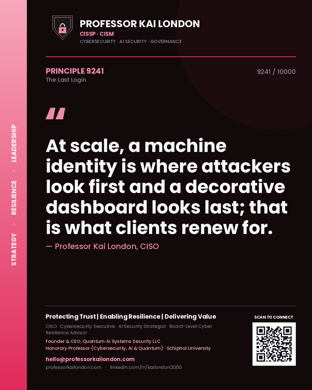 Quote card by Professor Kai London reading 'At scale, a machine identity is where attackers look first and a decorative dashboard looks last; that is what clients renew for.'. From the book The Last Login.