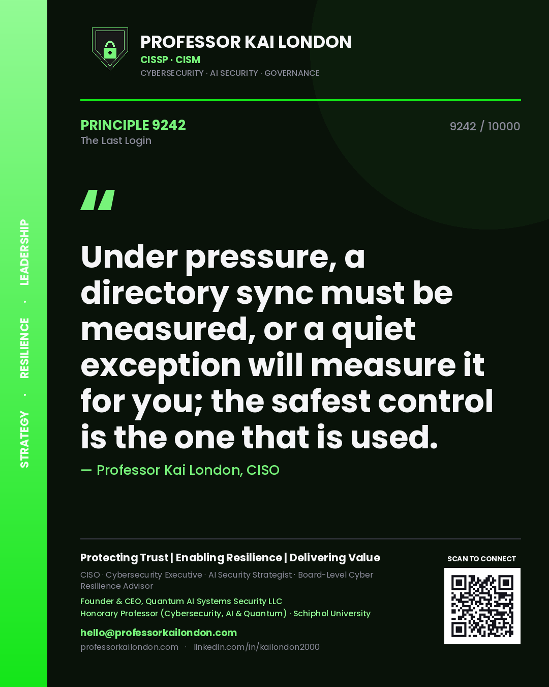 Professor Kai London principle 9242: Under pressure, a directory sync must be measured, or a quiet exception will measure it for you; the safest control is the one that is used.