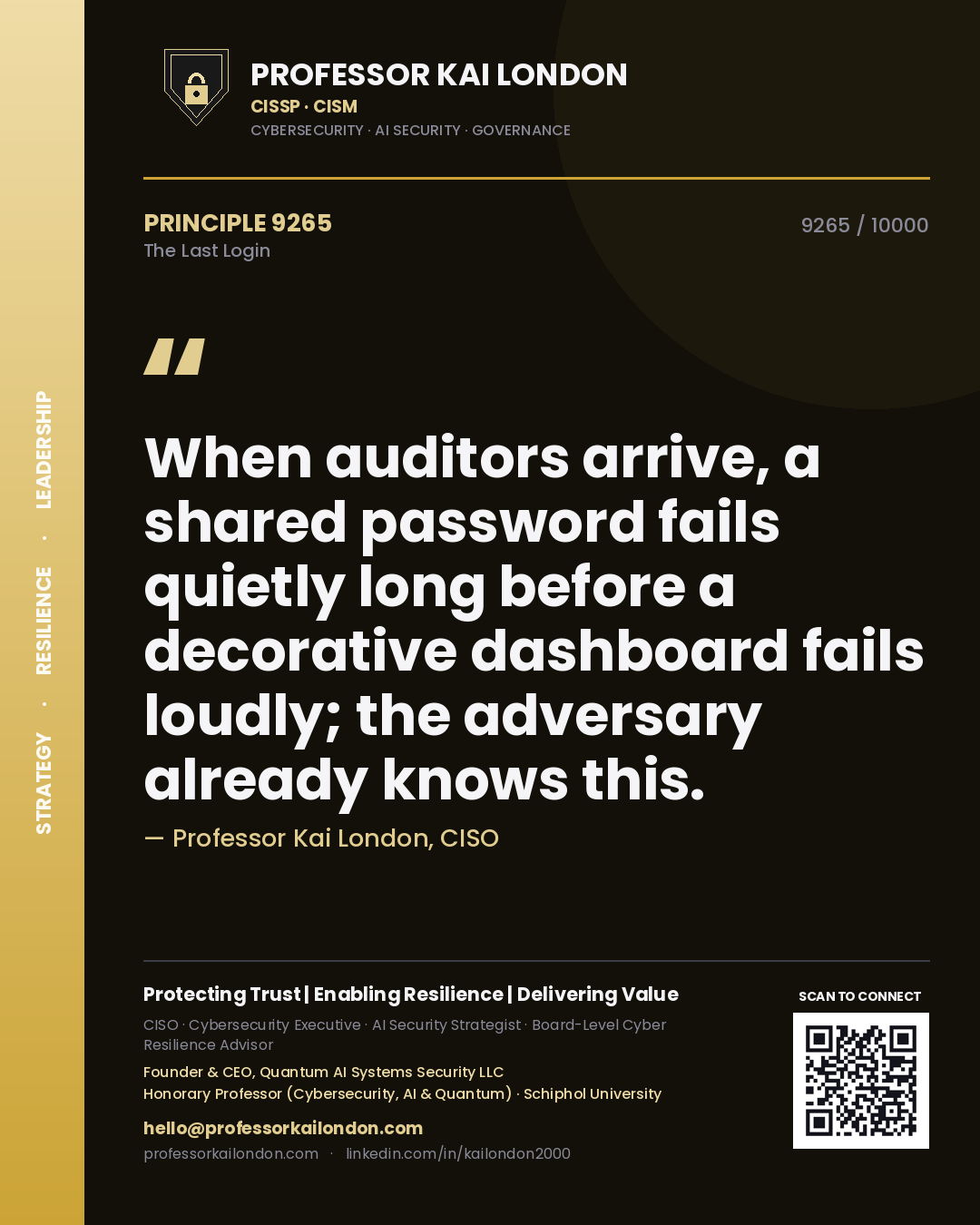 Professor Kai London principle 9265: When auditors arrive, a shared password fails quietly long before a decorative dashboard fails loudly; the adversary already knows this.