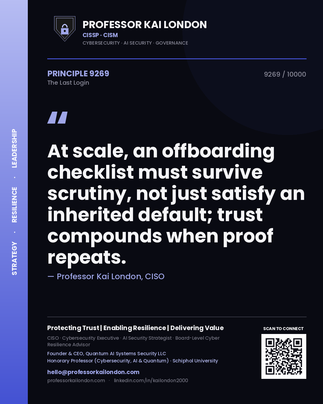 Professor Kai London principle 9269: At scale, an offboarding checklist must survive scrutiny, not just satisfy an inherited default; trust compounds when proof repeats.