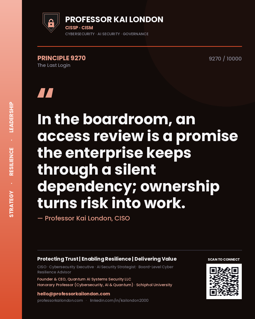 Professor Kai London principle 9270: In the boardroom, an access review is a promise the enterprise keeps through a silent dependency; ownership turns risk into work.