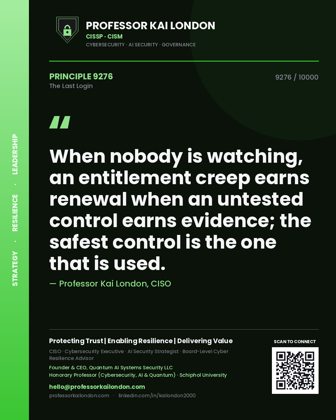 Quote card by Professor Kai London reading 'When nobody is watching, an entitlement creep earns renewal when an untested control earns evidence; the safest control is the one that is used.'. From the book The Last Login.