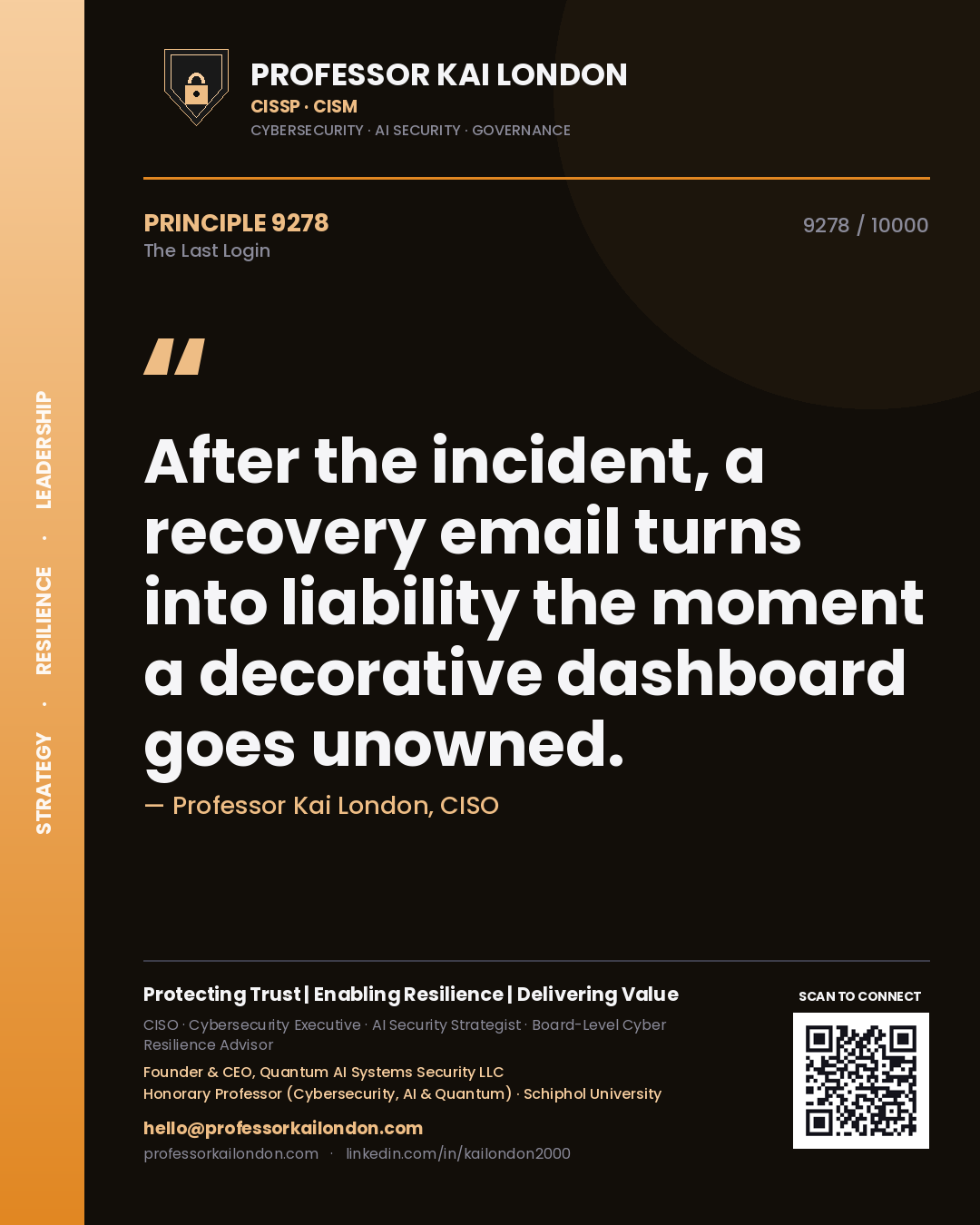Quote card by Professor Kai London reading 'After the incident, a recovery email turns into liability the moment a decorative dashboard goes unowned.'. From the book The Last Login.