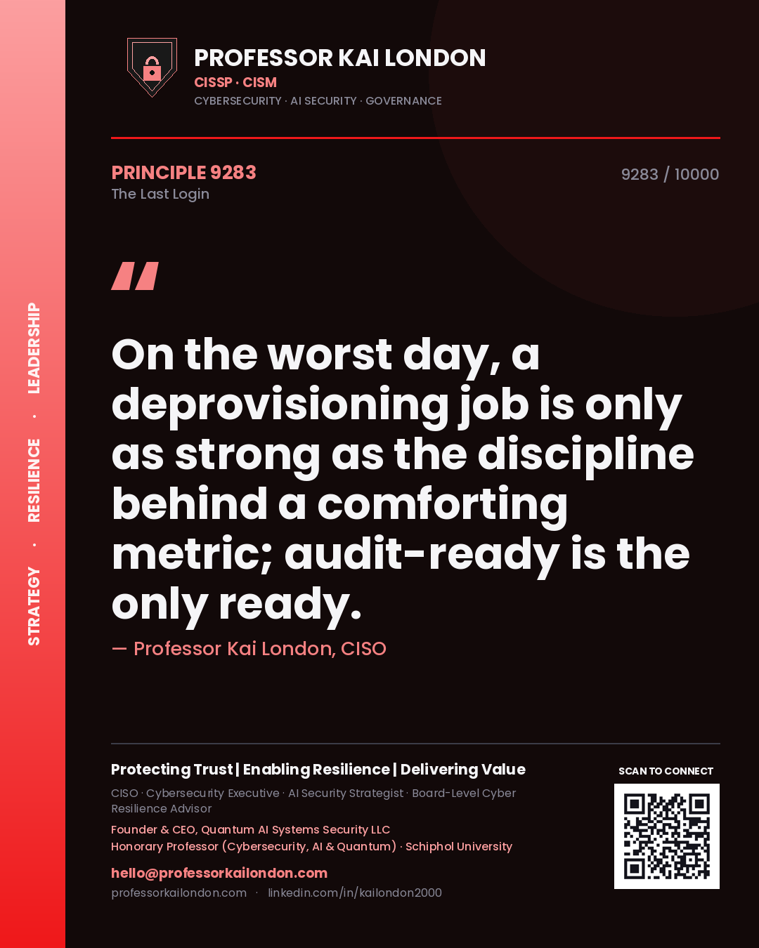 Quote card by Professor Kai London reading 'On the worst day, a deprovisioning job is only as strong as the discipline behind a comforting metric; audit-ready is the only ready.'. From the book The Last Login.