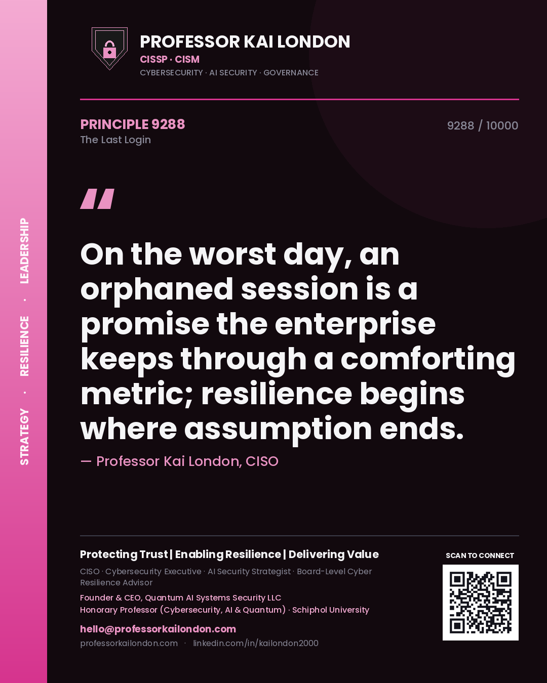 Quote card by Professor Kai London reading 'On the worst day, an orphaned session is a promise the enterprise keeps through a comforting metric; resilience begins where assumption ends.'. From the book The Last Login.