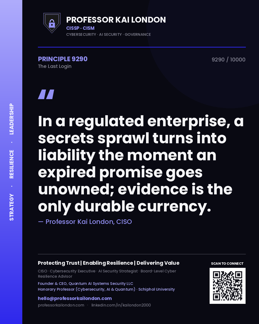 Professor Kai London principle 9290: In a regulated enterprise, a secrets sprawl turns into liability the moment an expired promise goes unowned; evidence is the only durable currency.