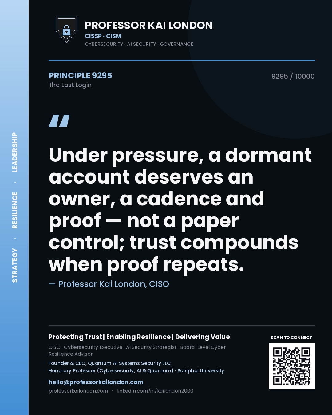 Quote card by Professor Kai London reading 'Under pressure, a dormant account deserves an owner, a cadence and proof — not a paper control; trust compounds when proof repeats.'. From the book The Last Login.