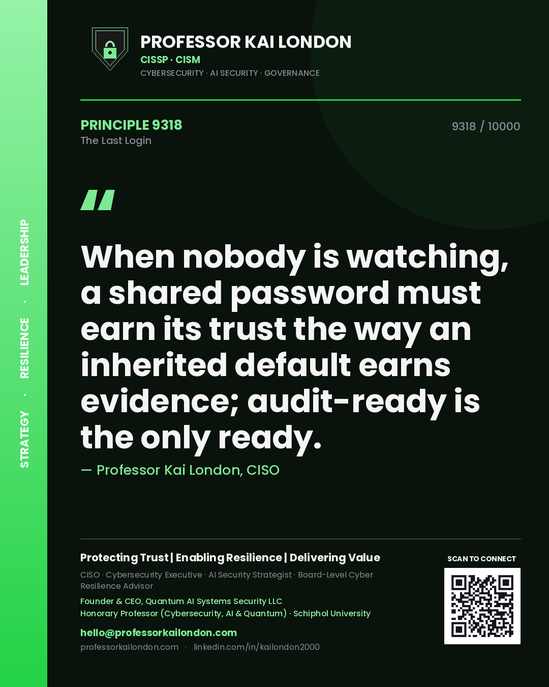 Quote card by Professor Kai London reading 'When nobody is watching, a shared password must earn its trust the way an inherited default earns evidence; audit-ready is the only ready.'. From the book The Last Login.