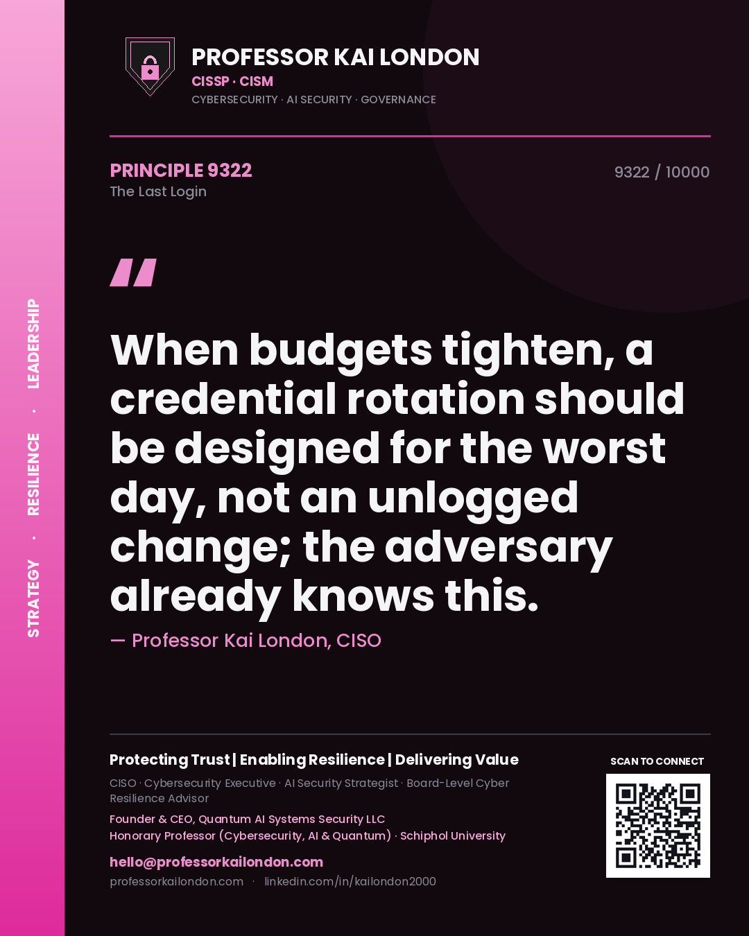 Quote card by Professor Kai London reading 'When budgets tighten, a credential rotation should be designed for the worst day, not an unlogged change; the adversary already knows this.'. From the book The Last Login.