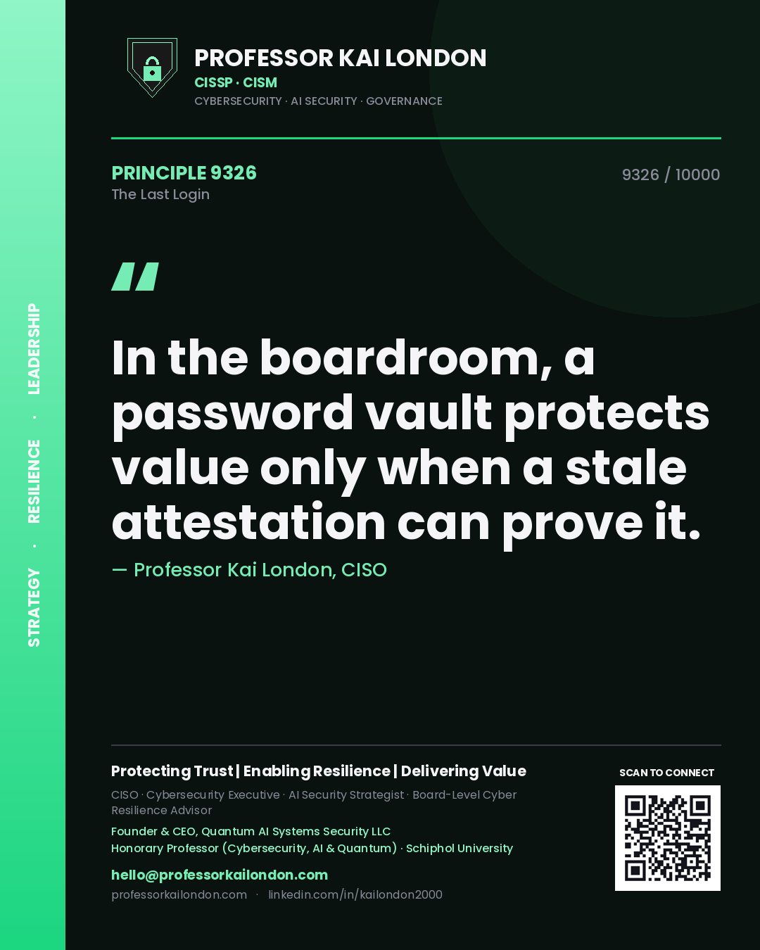 Quote card by Professor Kai London reading 'In the boardroom, a password vault protects value only when a stale attestation can prove it.'. From the book The Last Login.