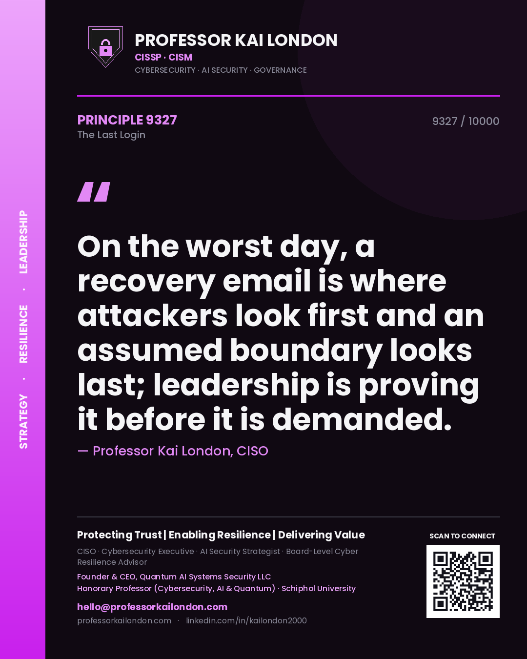Quote card by Professor Kai London reading 'On the worst day, a recovery email is where attackers look first and an assumed boundary looks last; leadership is proving it before it is demanded.'. From the book The Last Login.