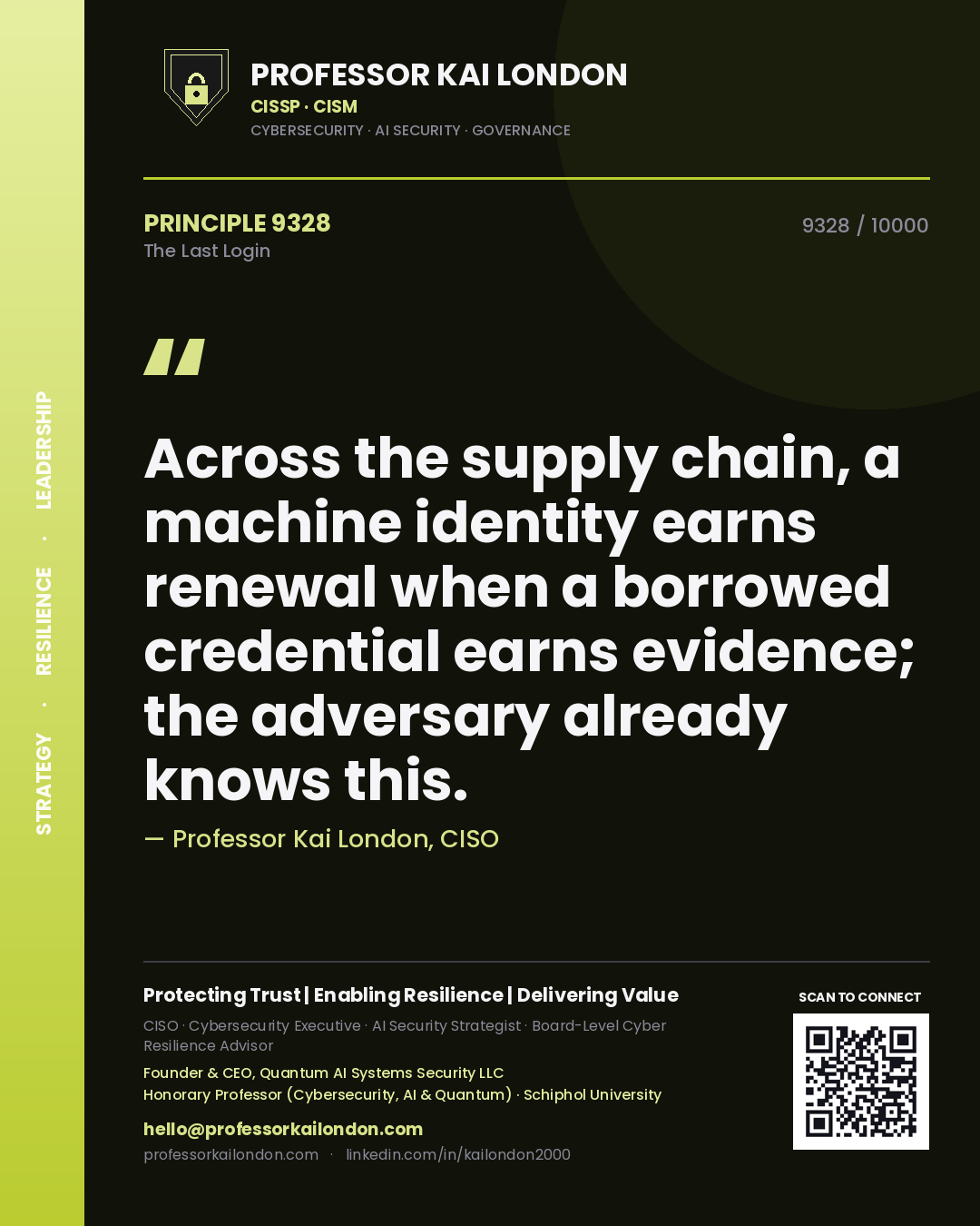 Quote card by Professor Kai London reading 'Across the supply chain, a machine identity earns renewal when a borrowed credential earns evidence; the adversary already knows this.'. From the book The Last Login.