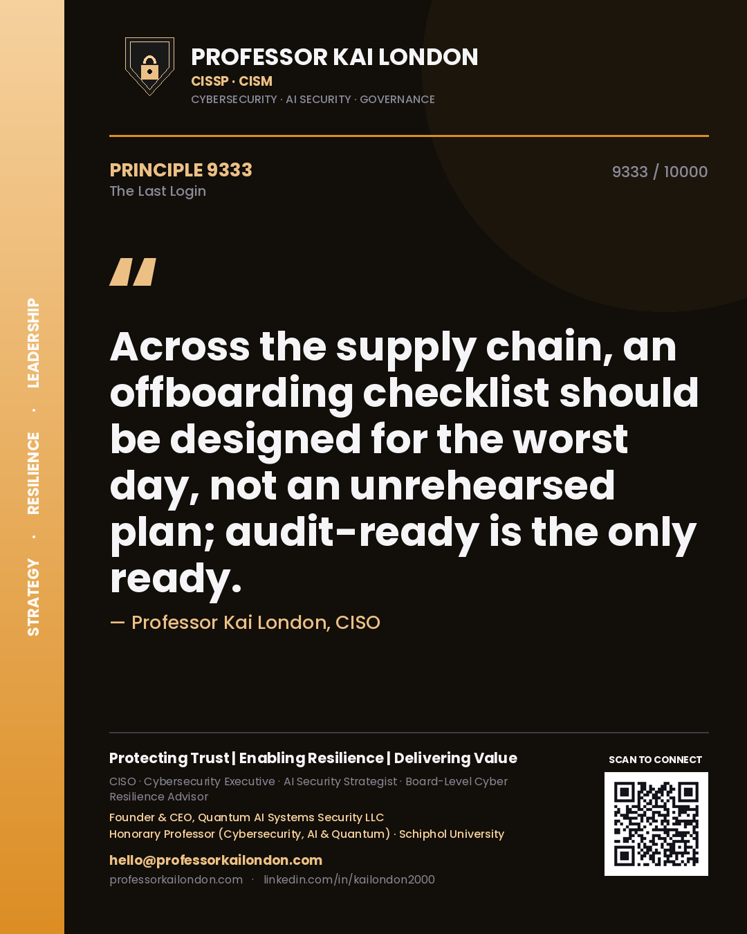 Quote card by Professor Kai London reading 'Across the supply chain, an offboarding checklist should be designed for the worst day, not an unrehearsed plan; audit-ready is the only ready.'. From the book The Last Login.