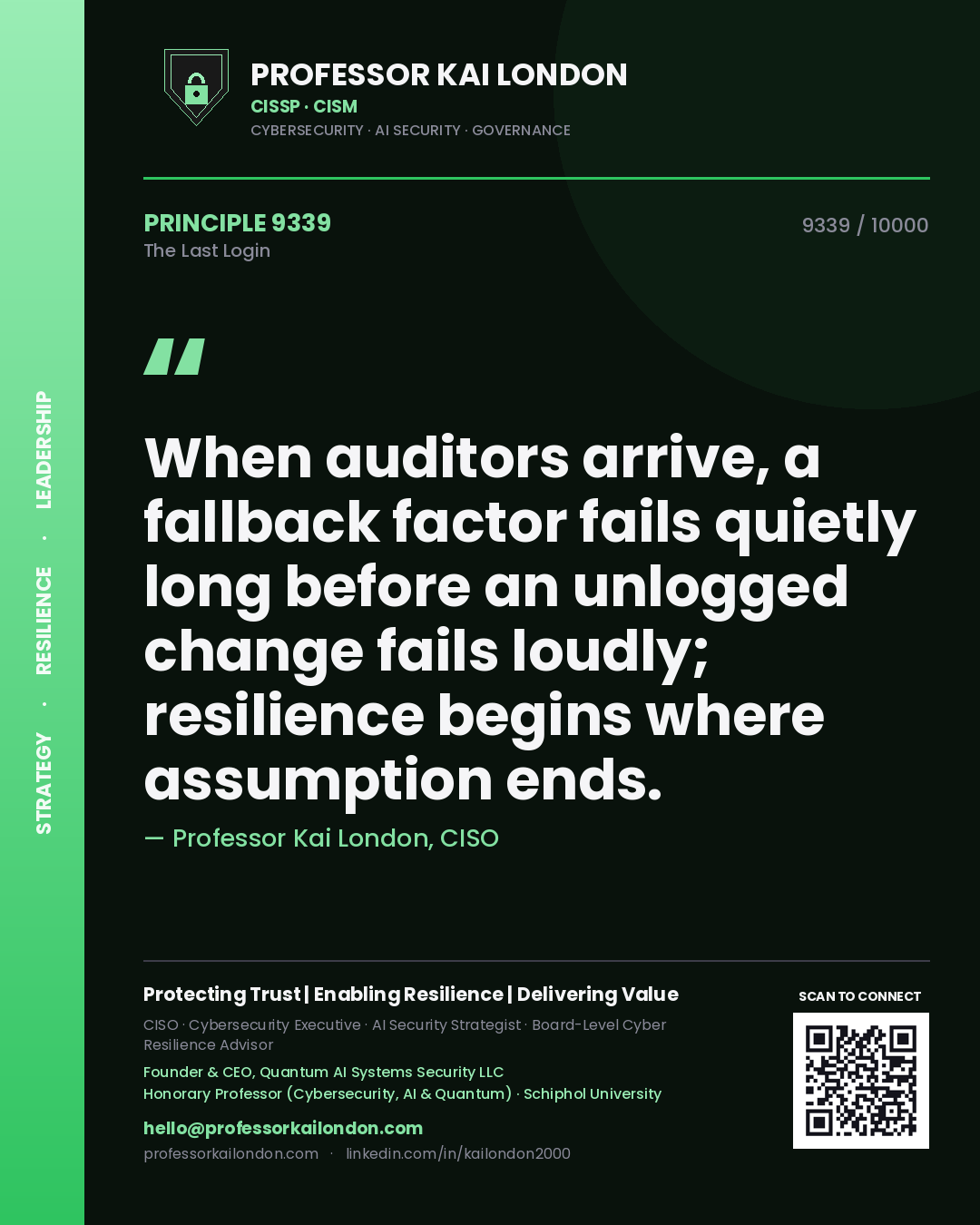 Quote card by Professor Kai London reading 'When auditors arrive, a fallback factor fails quietly long before an unlogged change fails loudly; resilience begins where assumption ends.'. From the book The Last Login.